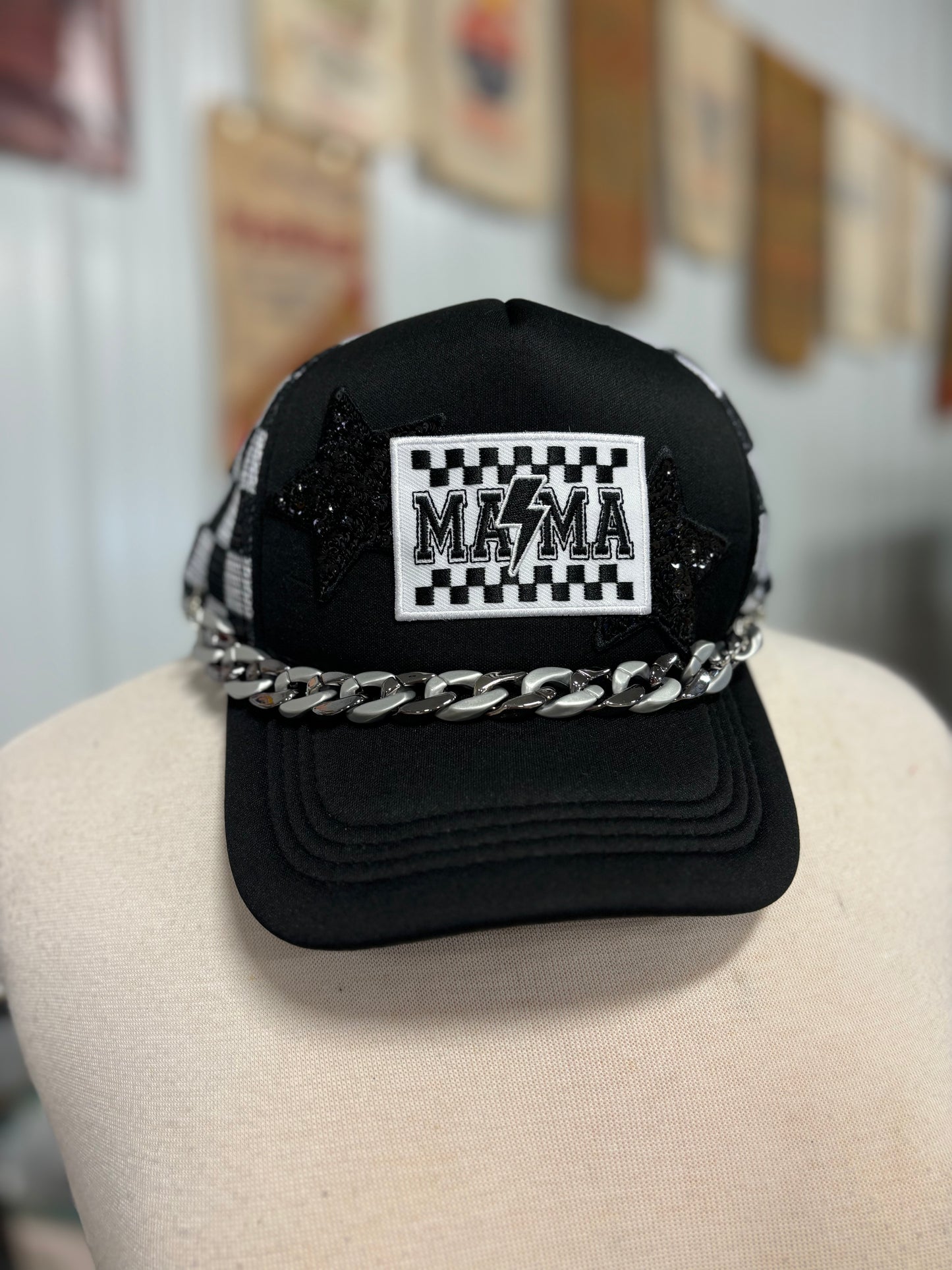 Mama Black & White Checkered Hat