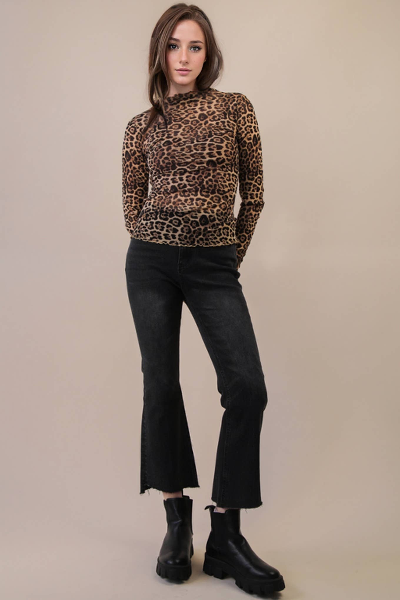 Leopard High Neck Fitted Sheer Mesh Lace Knit Top