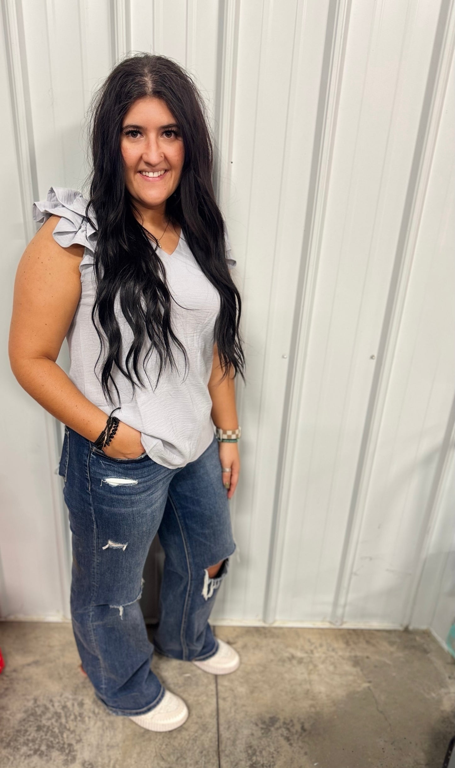 Ruffle Sleeve Top in Light Grey