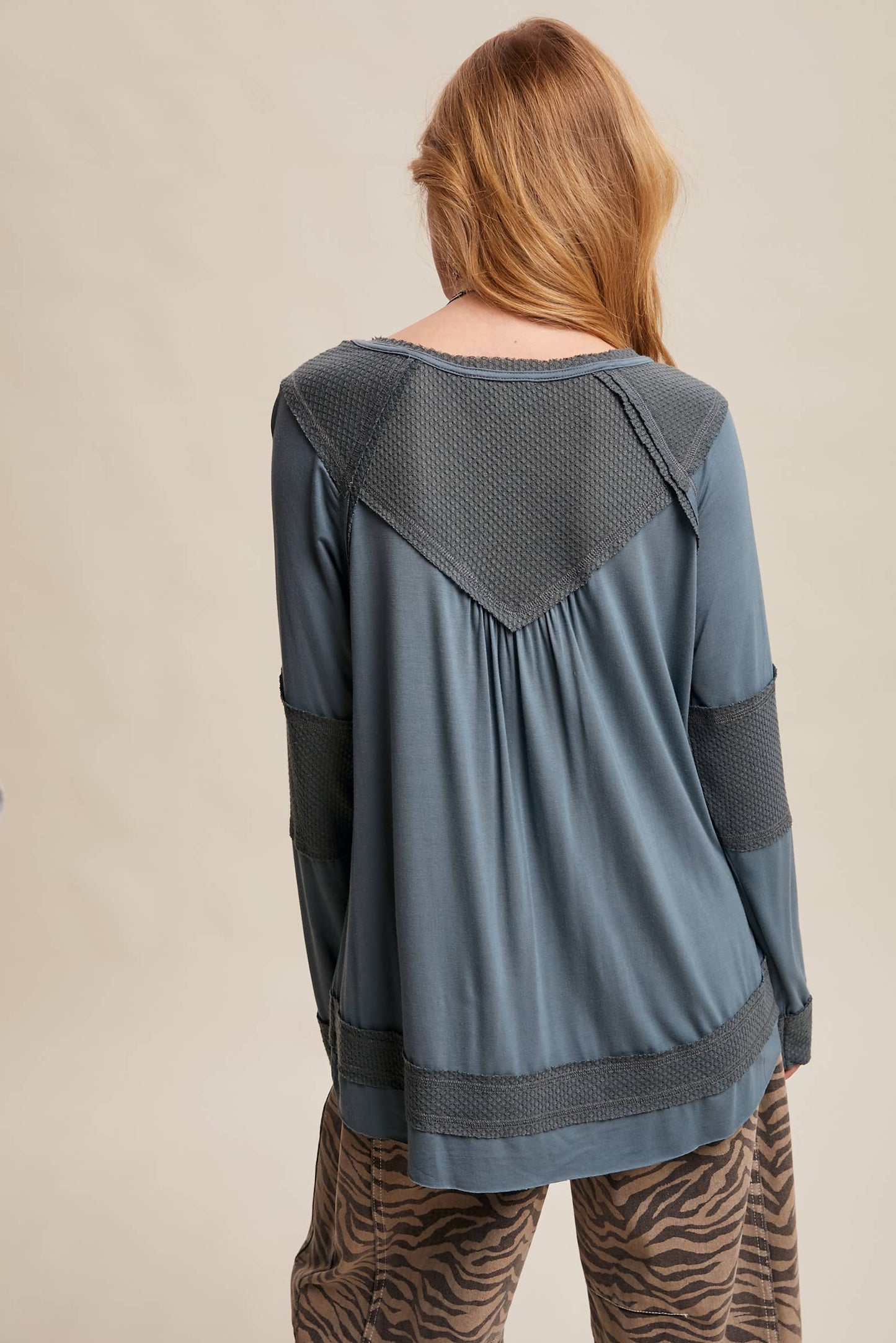 Textured Panel Button Henley Top