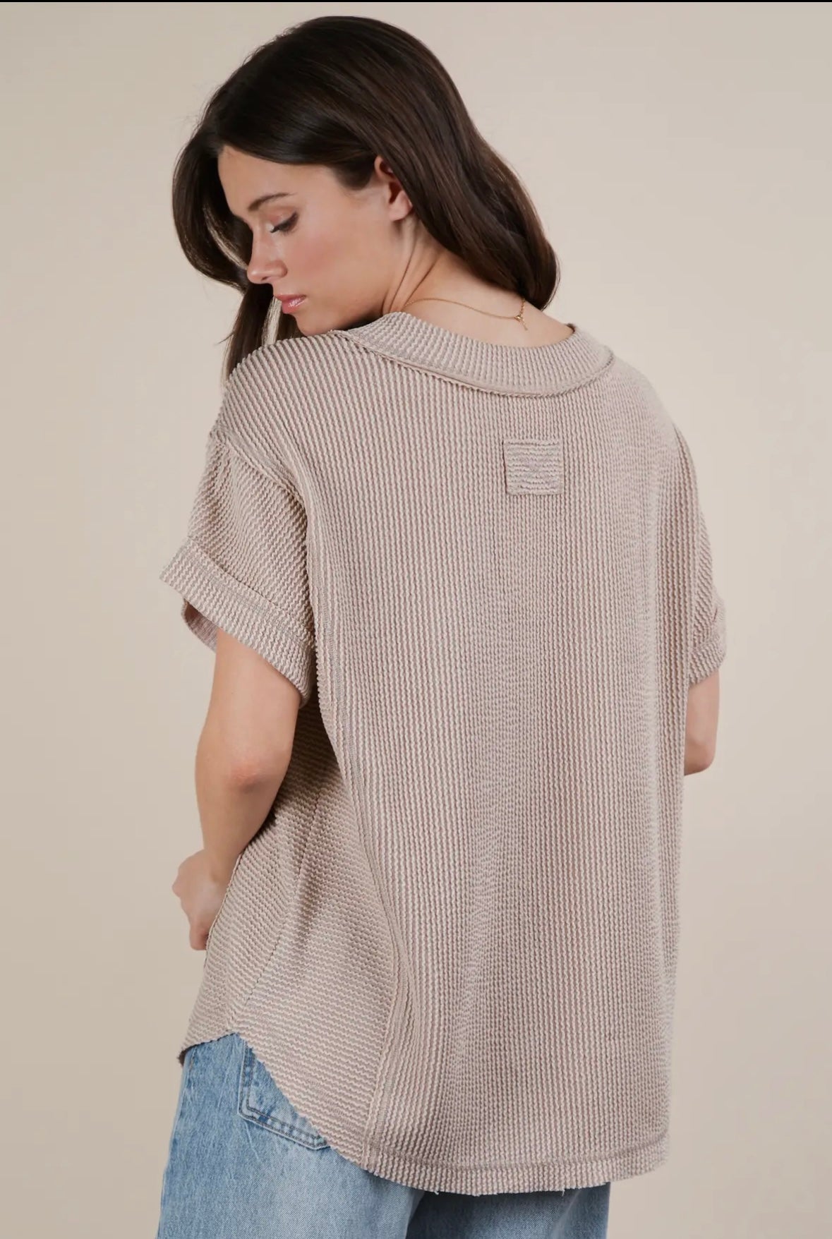 Soft Casual Comfy Ribbed Knit Top in Oat