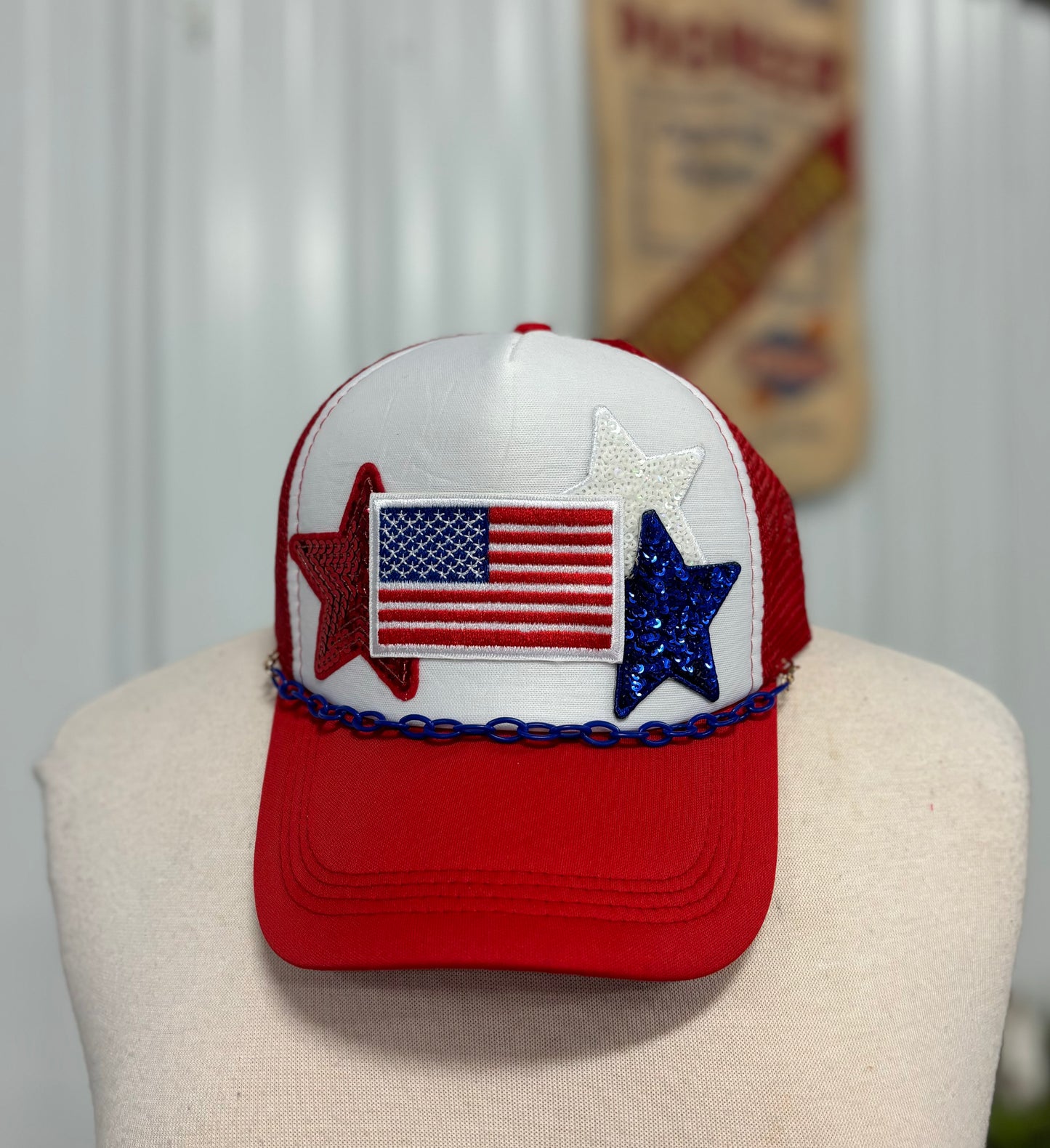 USA Flag and Stars Hat with Hat Chain