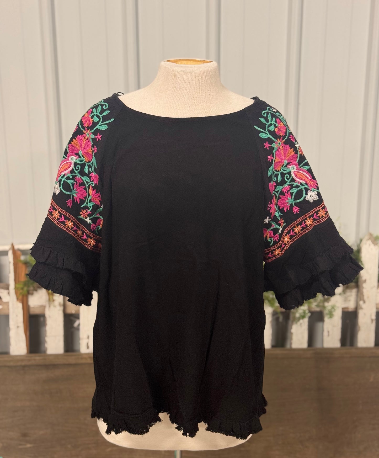Embroidered Sleeve Black Top