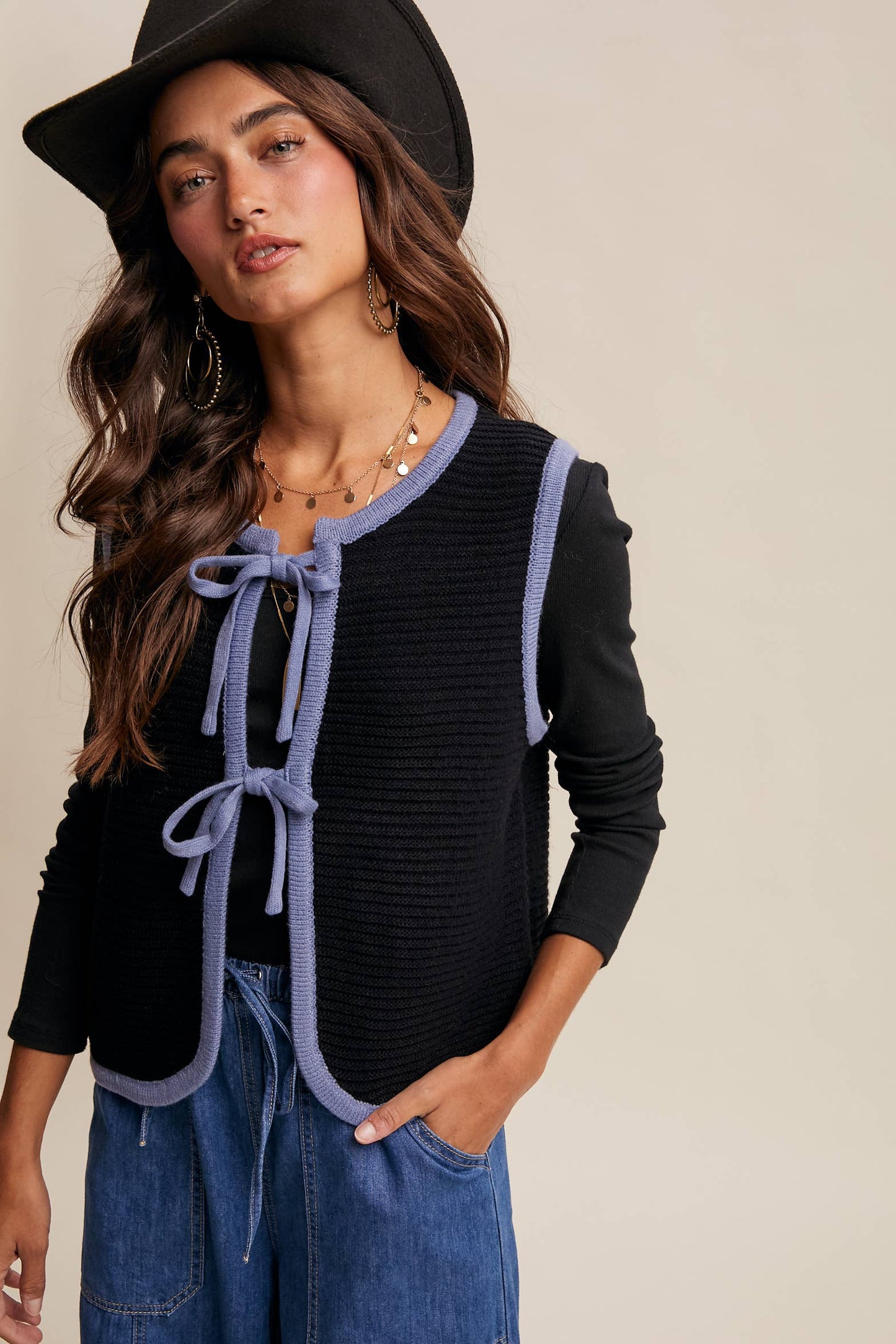 Two-Tone Tie Front Knit Vest