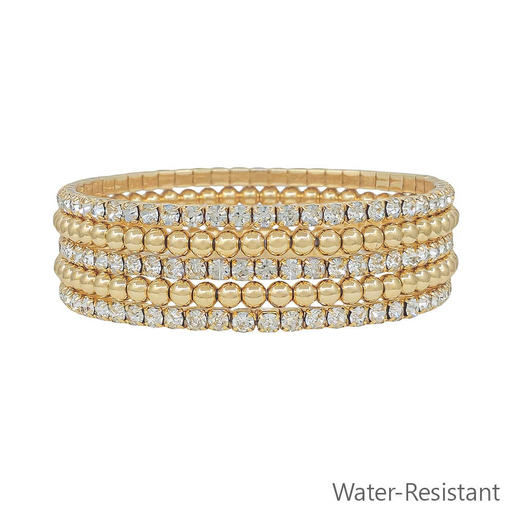 Water Resistant Set of 5 Rhinestone Tennis Chain with 4MM Beaded Stretch Bracelet