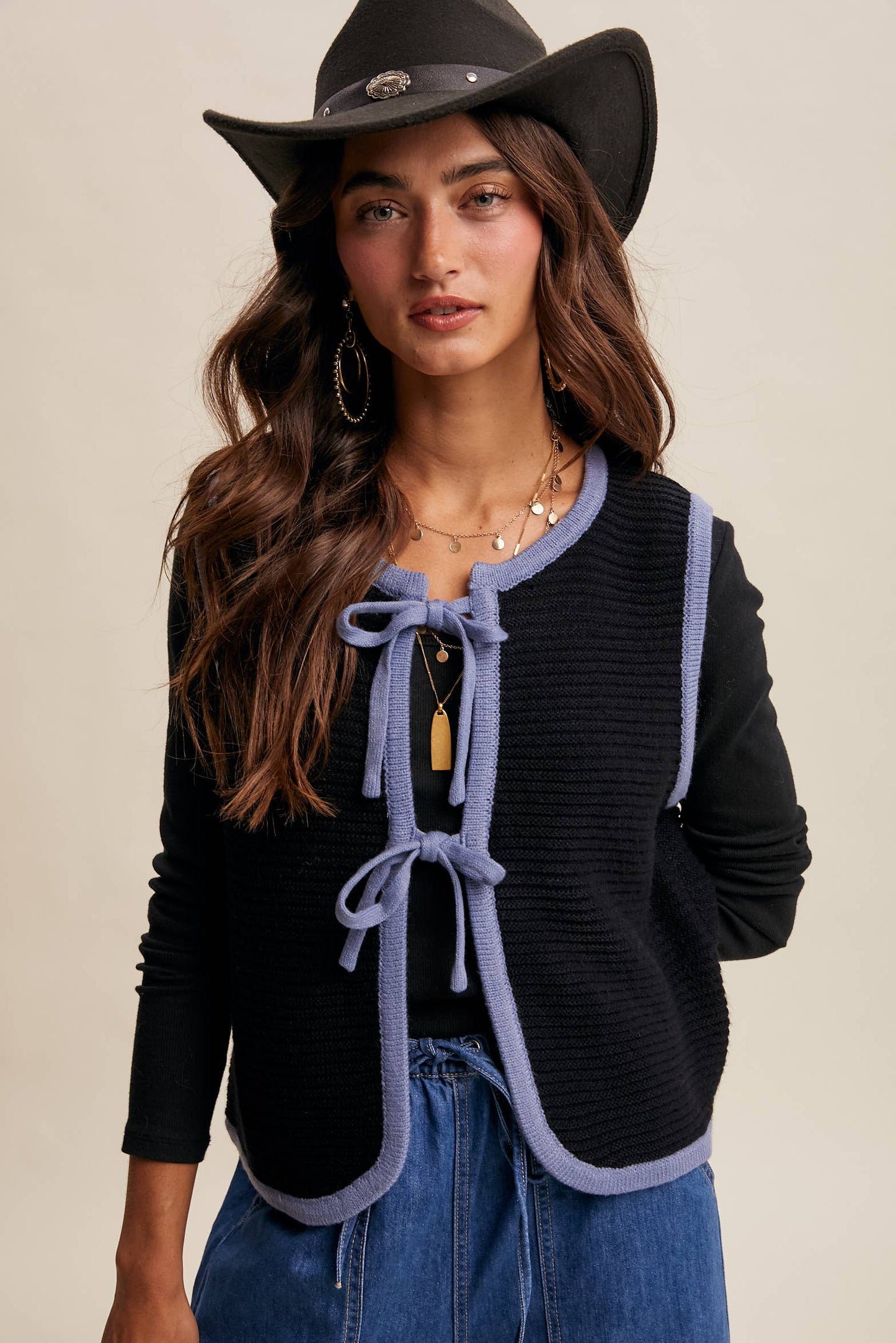 Two-Tone Tie Front Knit Vest