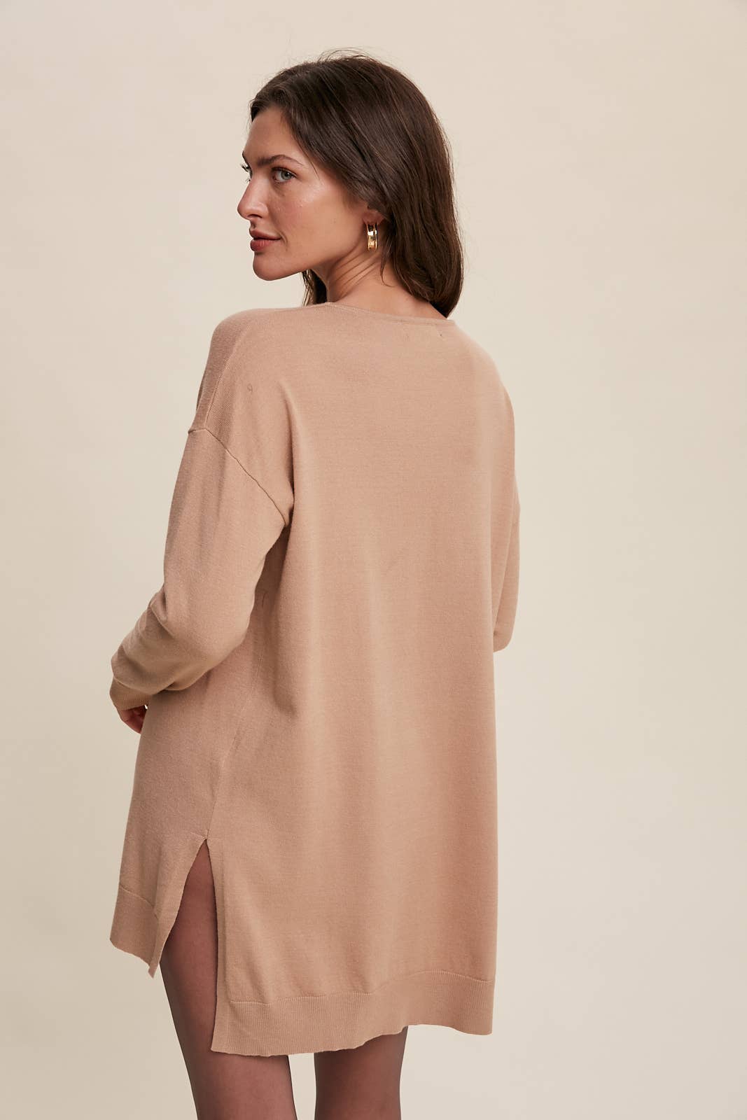 Slit Hem V-Neck Knit Tunic Sweater