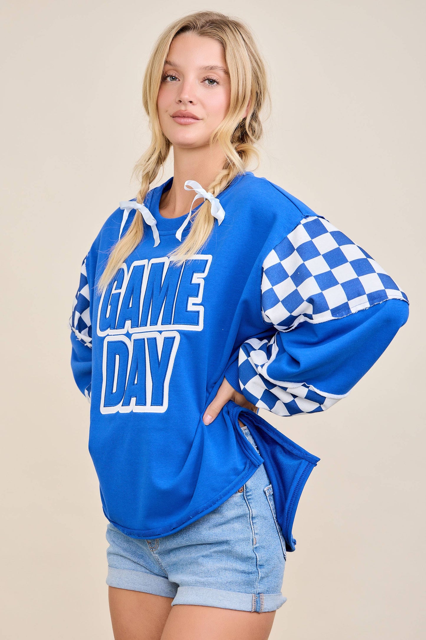 Game Day Oversized Sweatshirt – Checker Sleeve Spirit Top