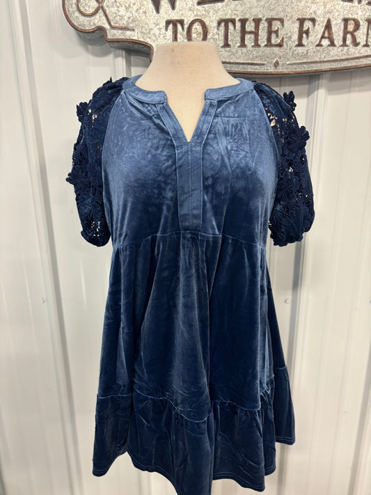 Slate Blue Floral Sleeve Velvet Dress