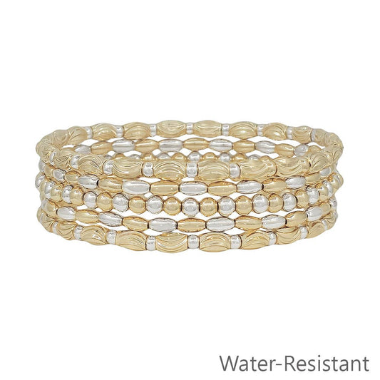 Gold and Silver Beaded and Textured Oval Set of 5 Stretch Bracelets