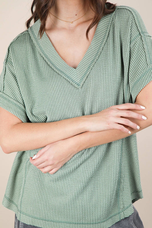 Soft Two Tone Casual Comfy Ribbed Knit Top in Sage