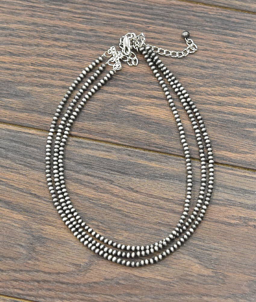 17" 3-strand 4mm Western Silver Bead Necklace Faux