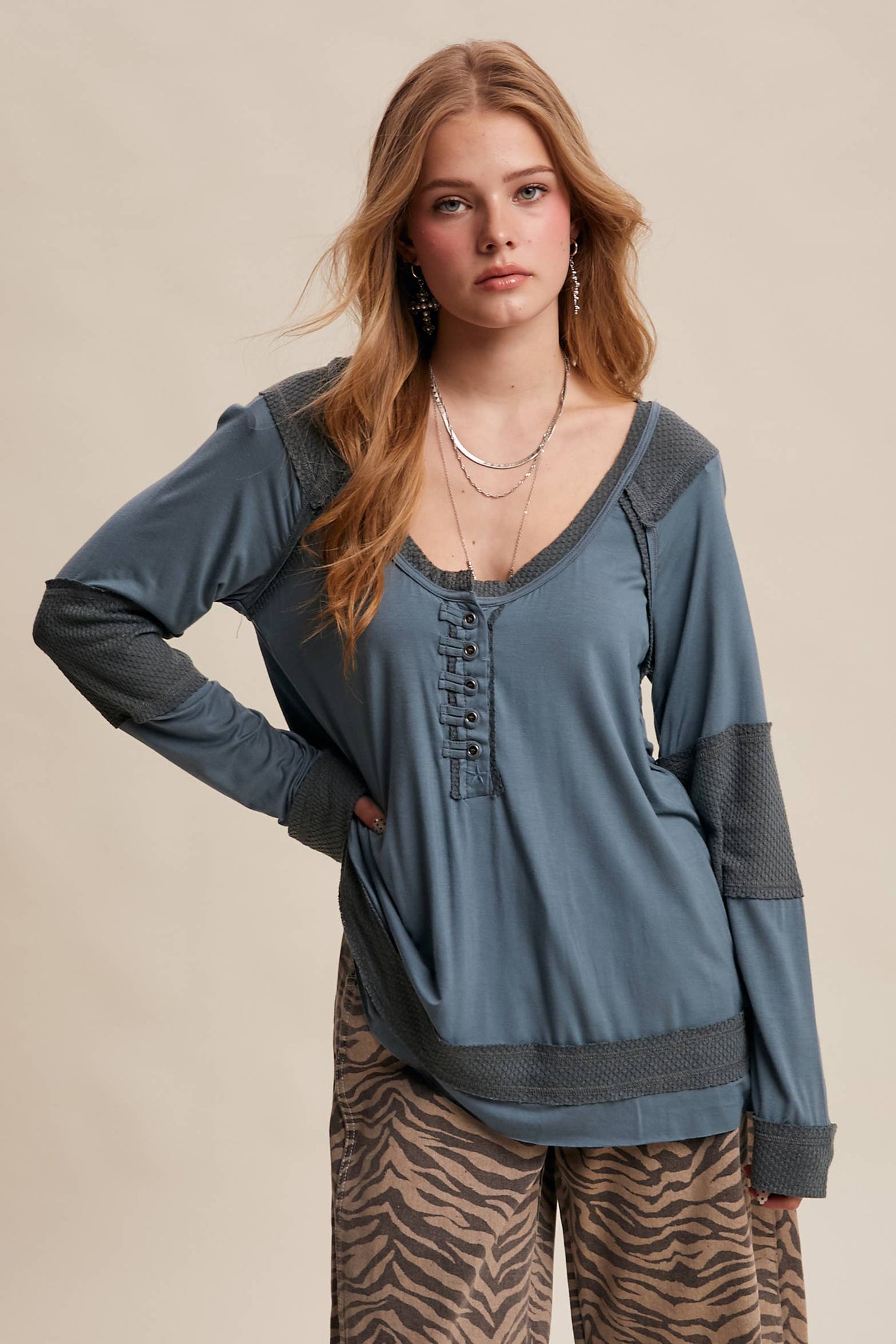 Textured Panel Button Henley Top