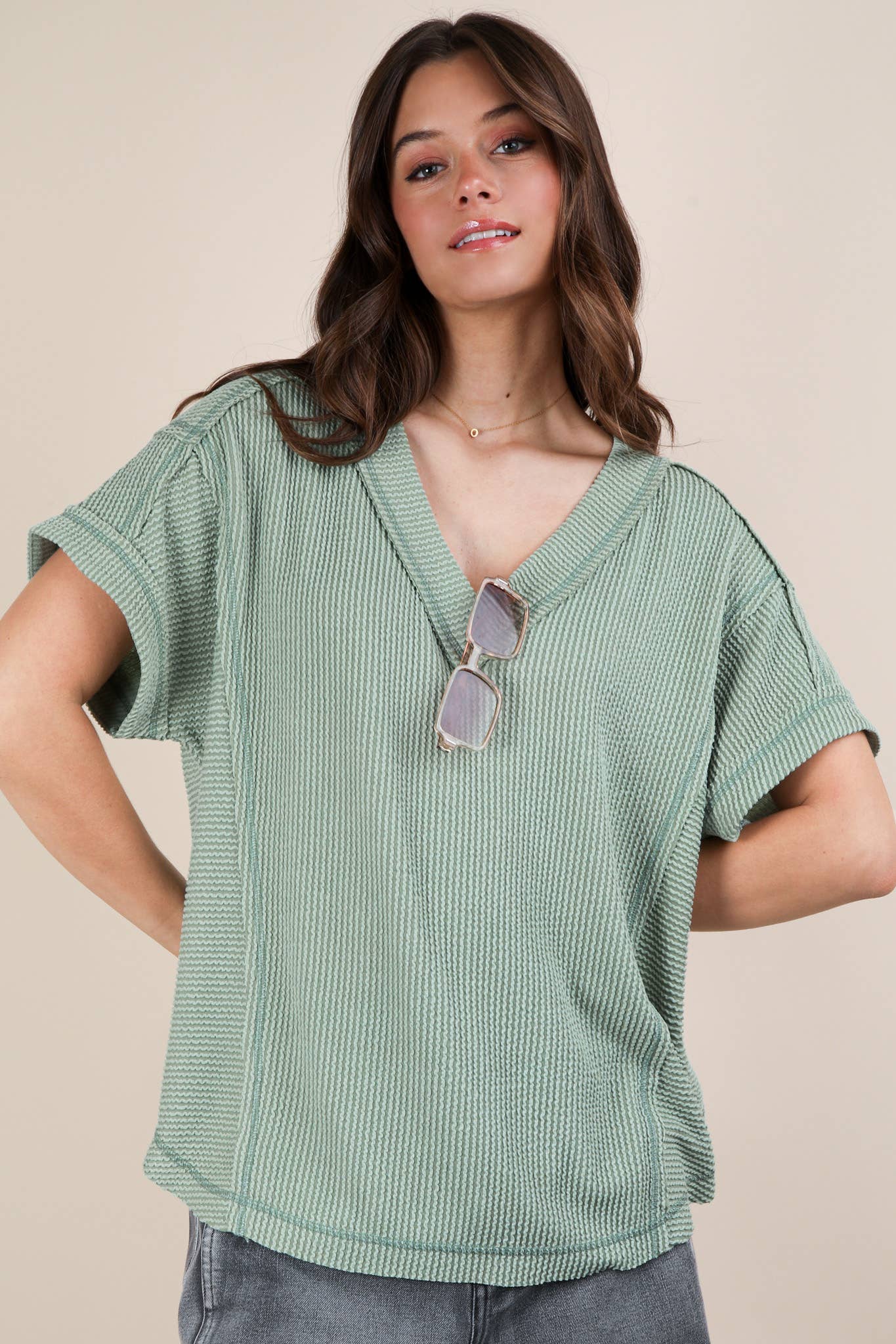 Soft Two Tone Casual Comfy Ribbed Knit Top in Sage