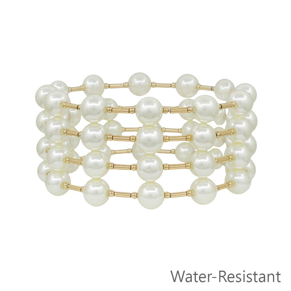Pearl and Gold Bar Stretch Bracelet Set Water Resistant