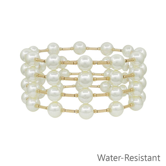 Pearl and Gold Bar Stretch Bracelet Set Water Resistant