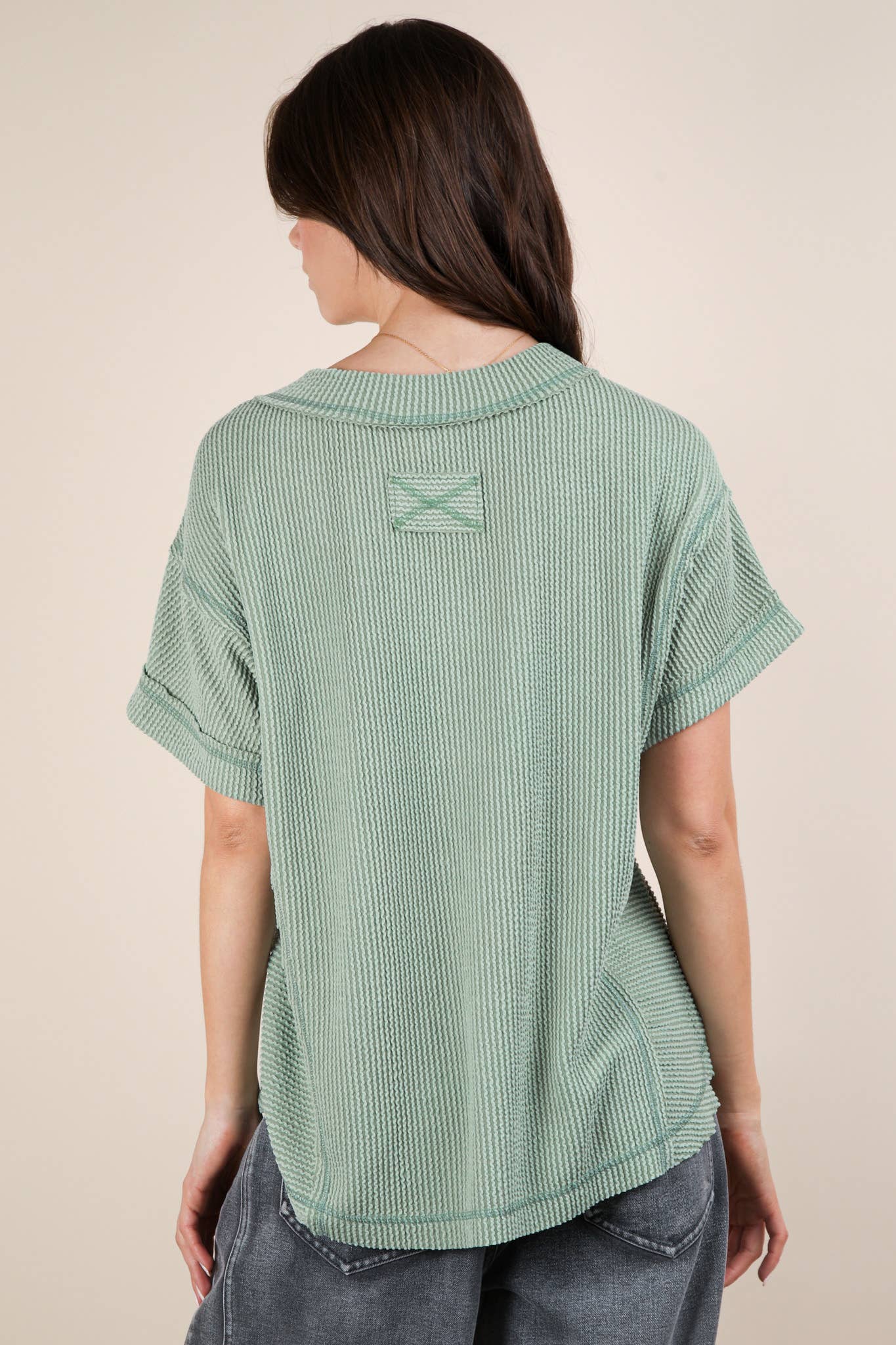 Soft Two Tone Casual Comfy Ribbed Knit Top in Sage