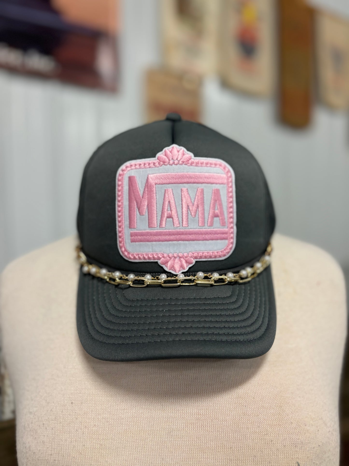 Mama Gray & Pink Hat with Chain