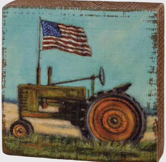 Green Tractor with Flag Block Sign