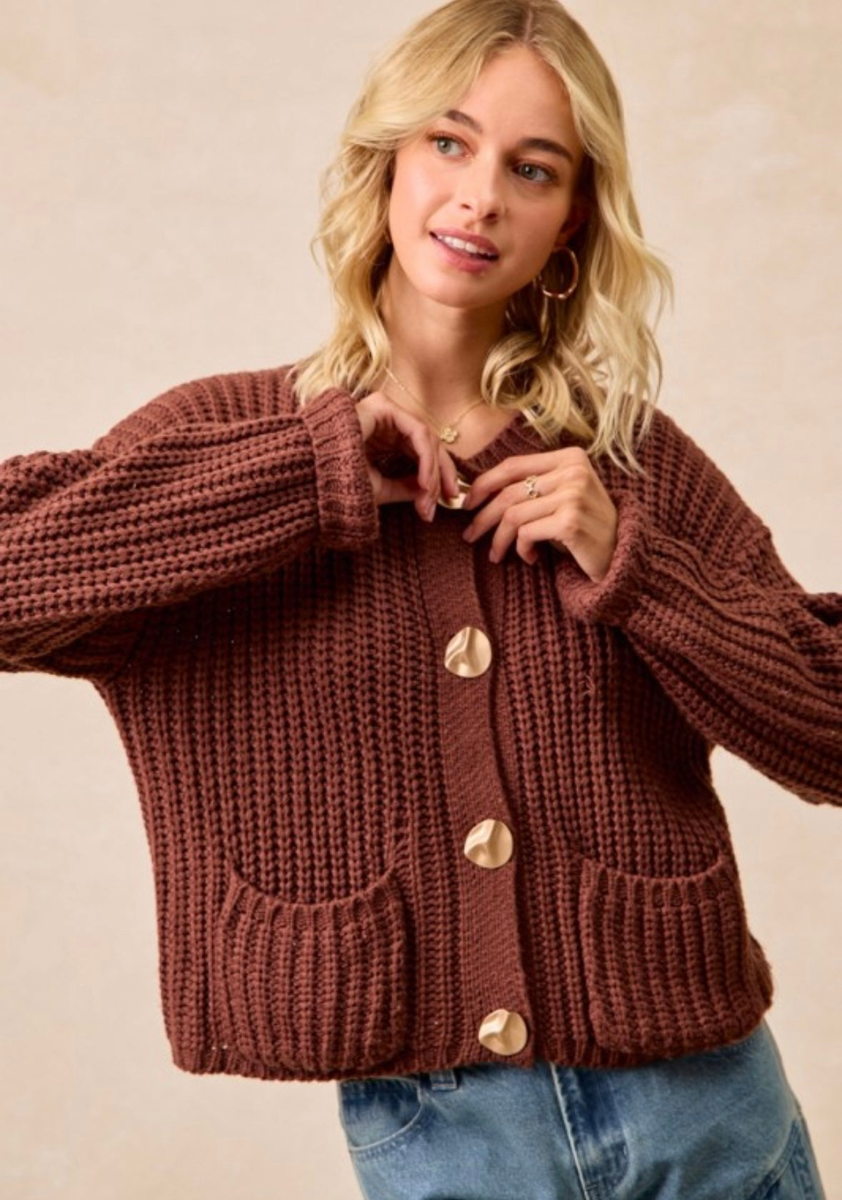 Mocha Sweater with Gold Buttons