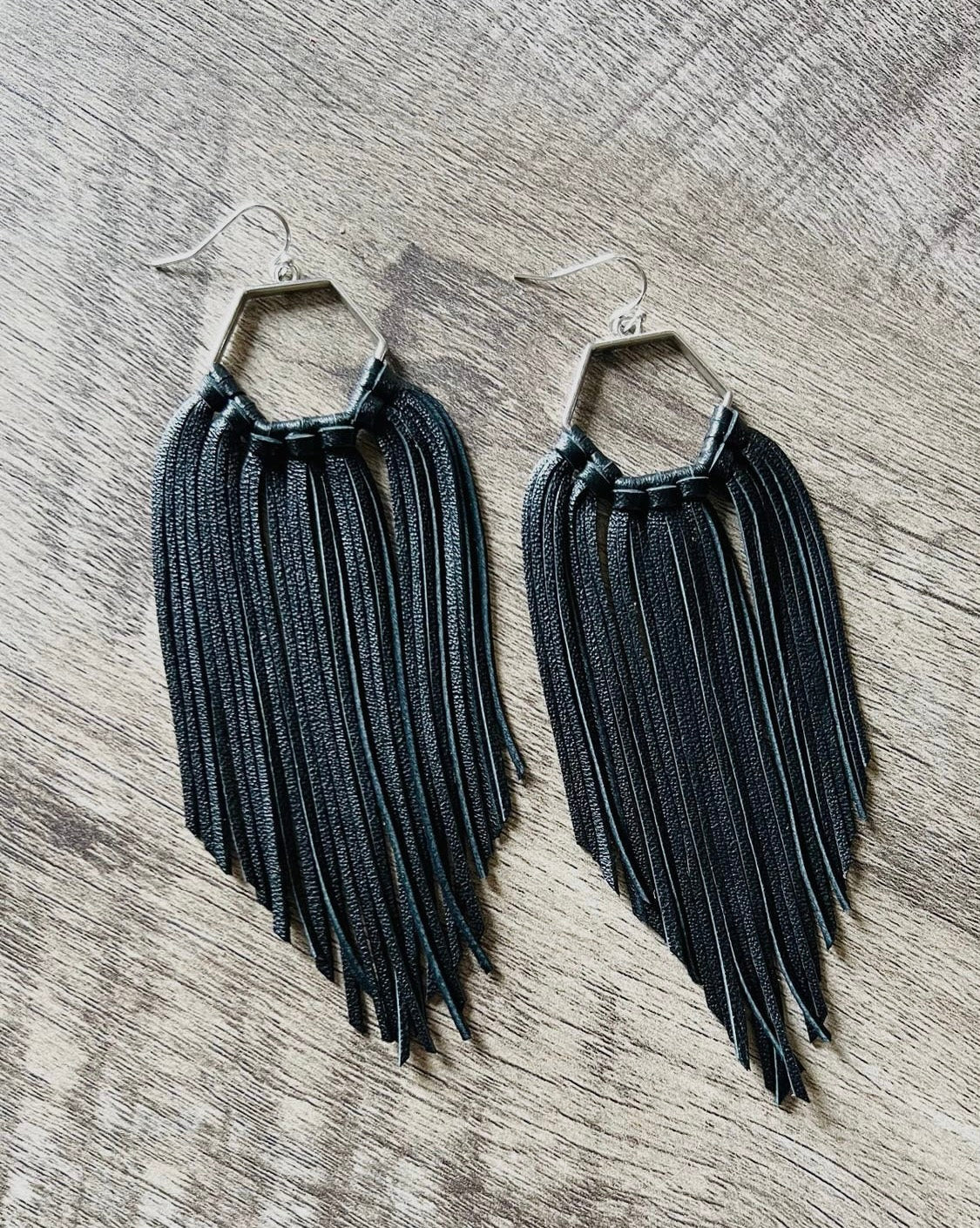 Hexagon Leather Fringe Earrings