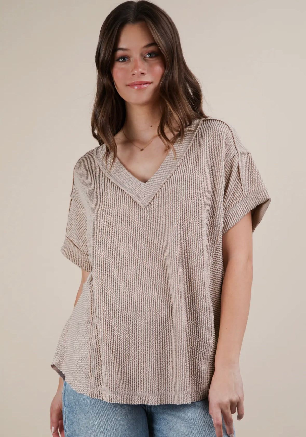 Soft Casual Comfy Ribbed Knit Top in Oat