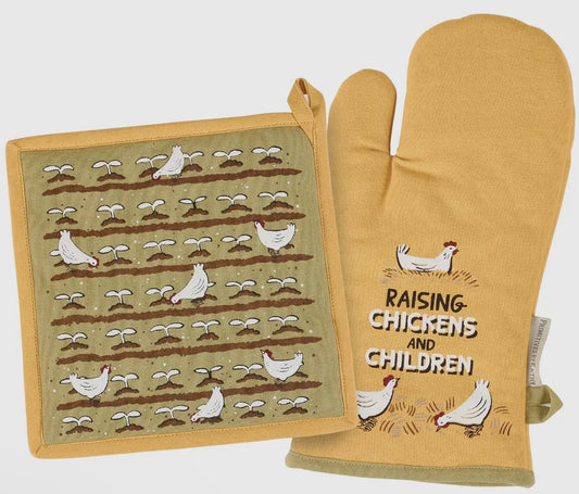 Chickens and Children Oven Mitt Set