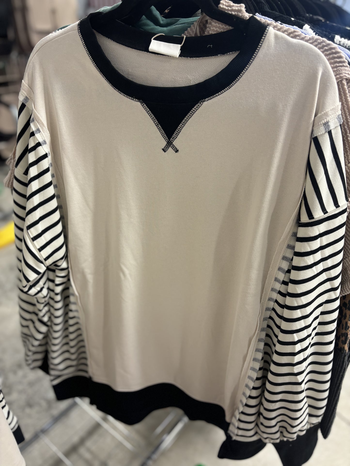 Cream & Charcoal Striped Knit Top