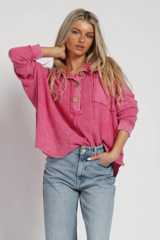 Fuchsia Oversized Quarter Button Thermal Pullover