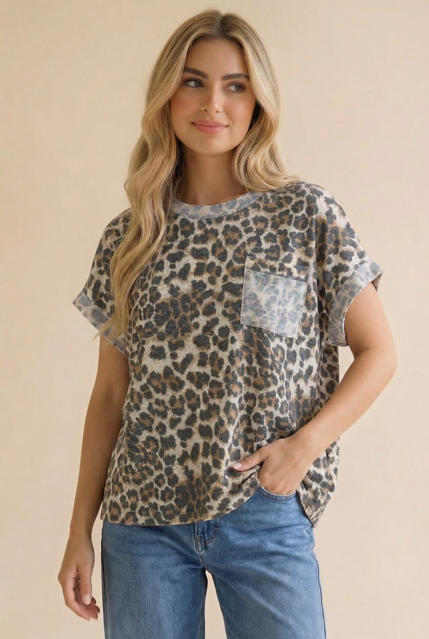 Round Neck Dolman Sleeve Leopard Oversize Top