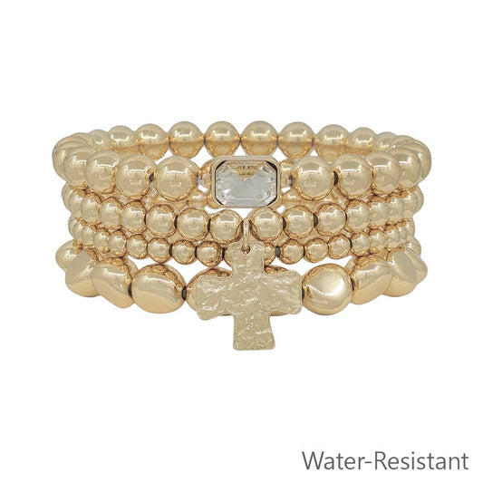 Gold and Cross Stretch Bracelet Set Water Resistant