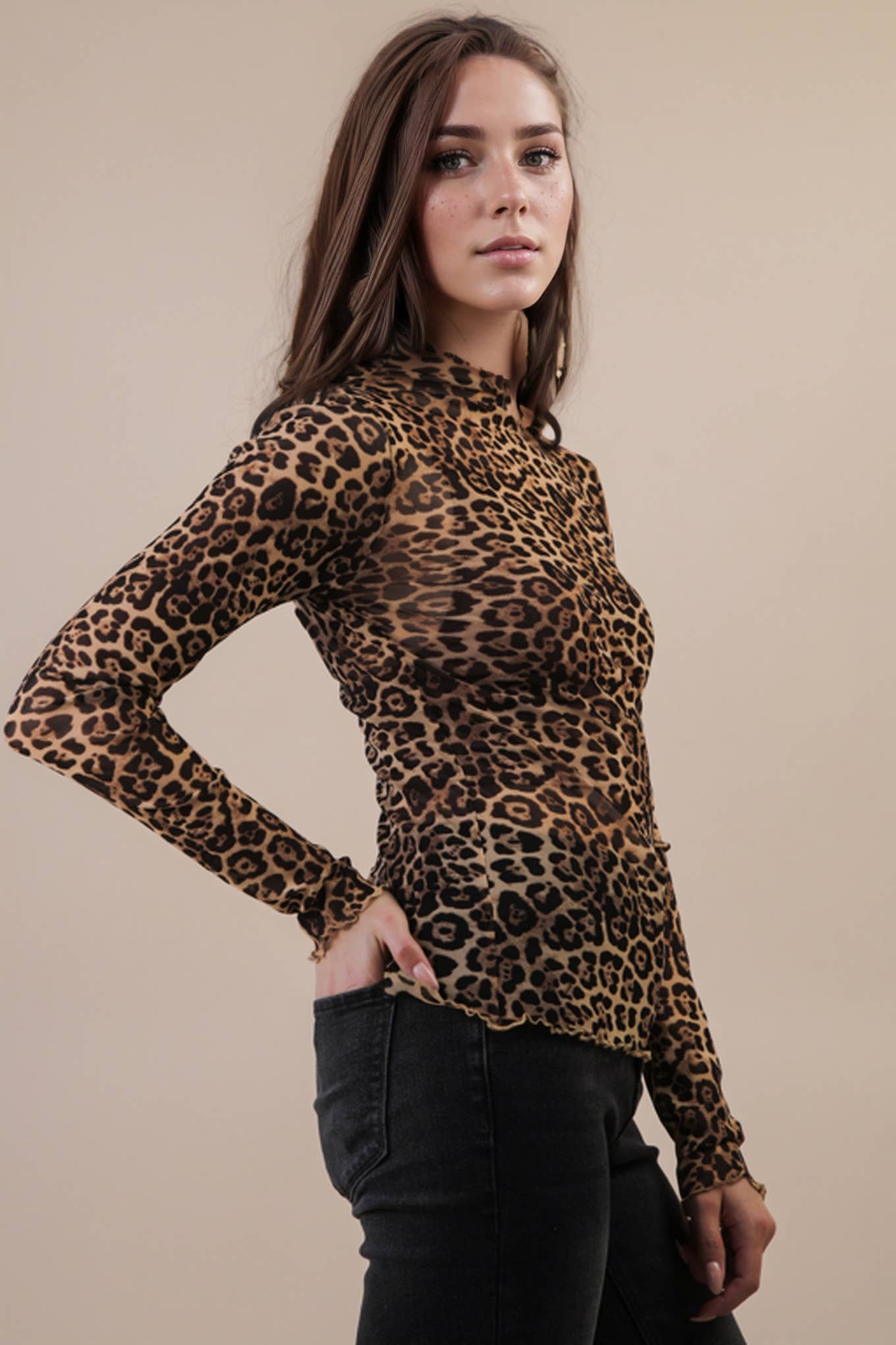 Leopard High Neck Fitted Sheer Mesh Lace Knit Top