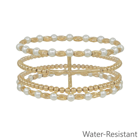 Cross and Pearl Bracelet Set Water Resistant