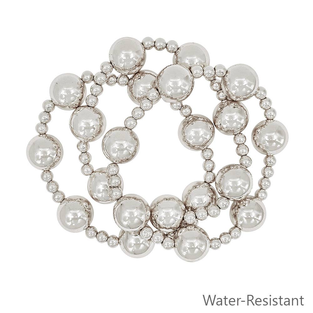 Silver Beaded Stretch Bracelet Set Water Resistant