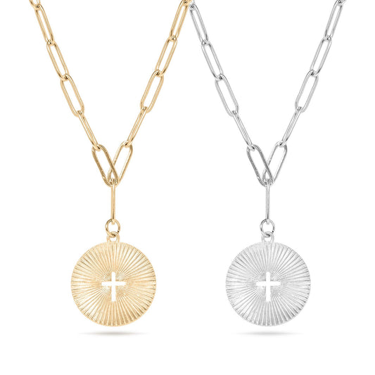 Sunburst Cross Paperclip Charm Necklace