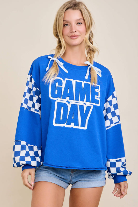 Game Day Oversized Sweatshirt – Checker Sleeve Spirit Top