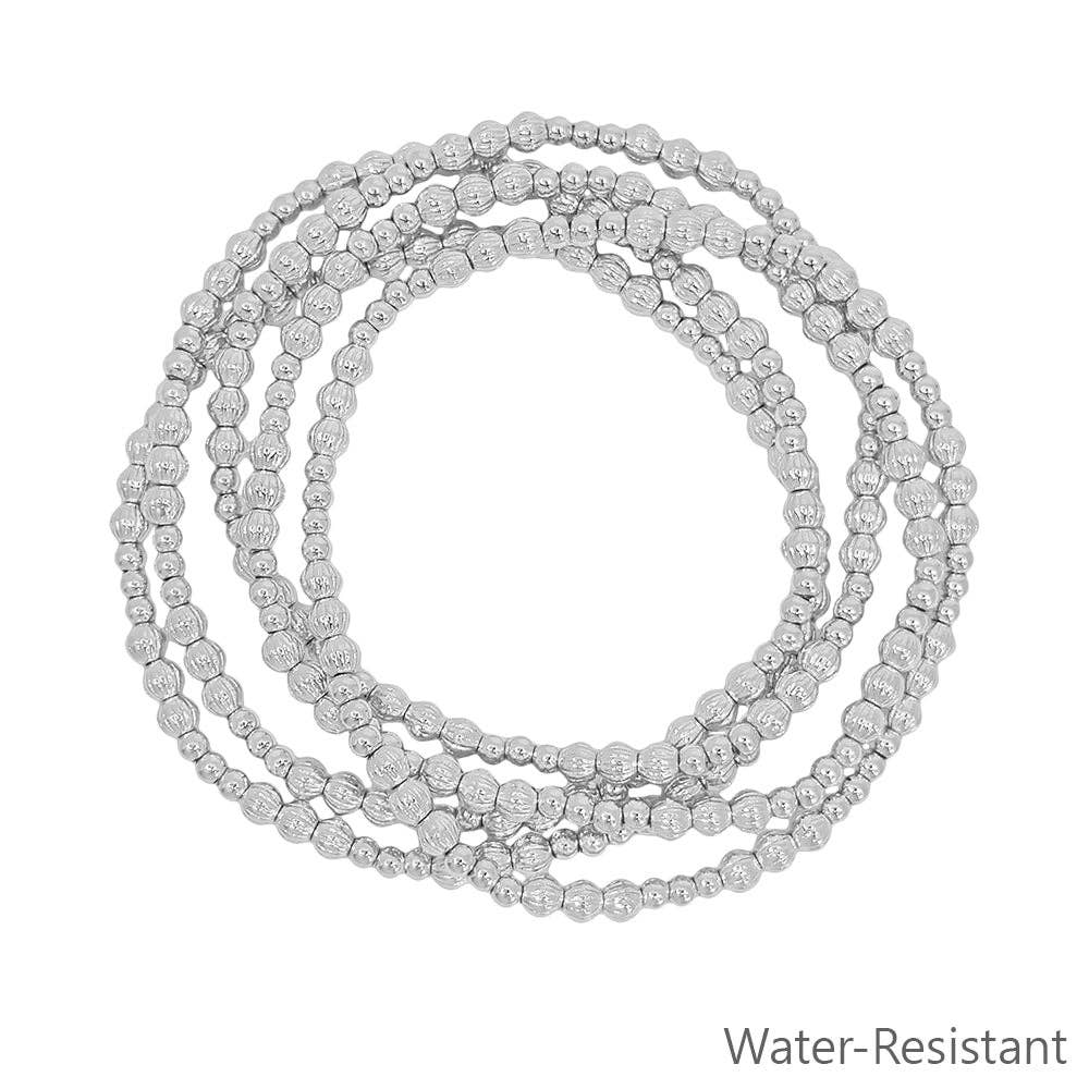 Water Resistant Set of 5 Silver Beaded Stretch Bracelets