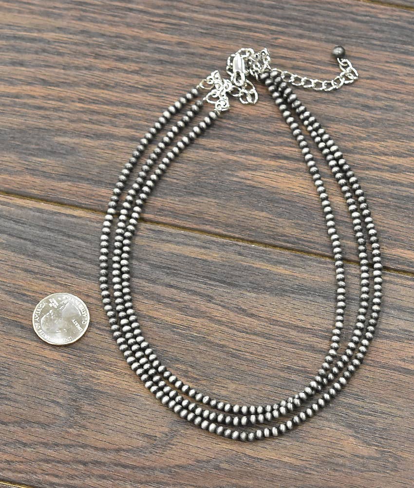 17" 3-strand 4mm Western Silver Bead Necklace Faux