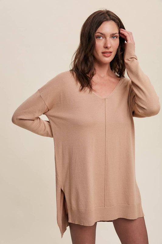 Slit Hem V-Neck Knit Tunic Sweater