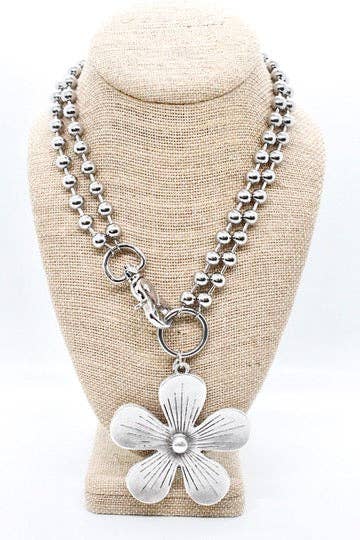 Large Flower Pendant Convertible Silver Chain Necklace