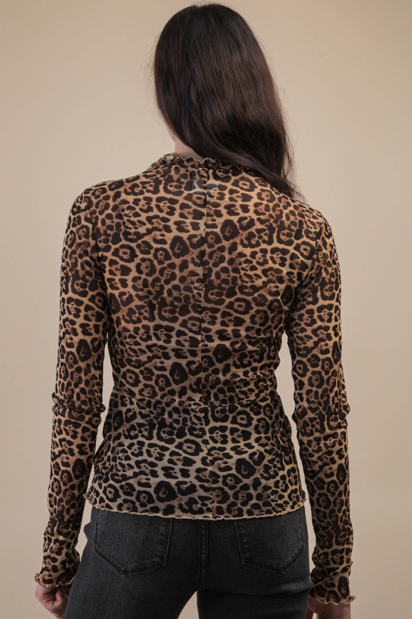 Leopard High Neck Fitted Sheer Mesh Lace Knit Top