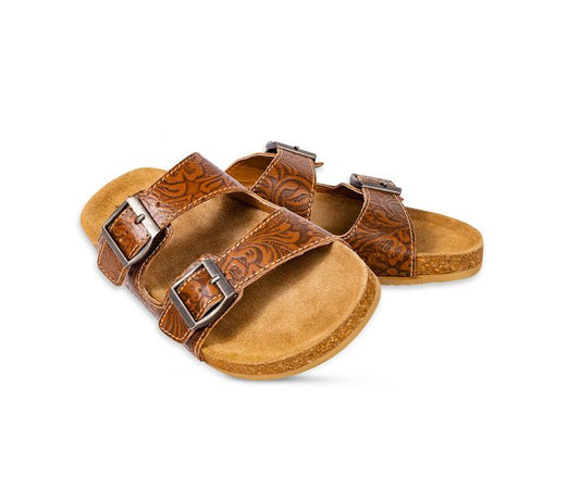 Maggie Buckle Tooled Leather Sandals
