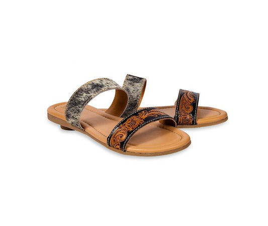 Tambra Hairon and Tooled Leather Sandals