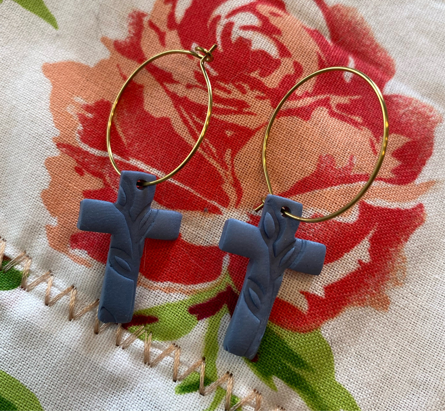 Floral Cross Hoops in Blue